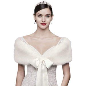 David's Bridal Faux-Fur Wrap with Satin Ribbon Tie